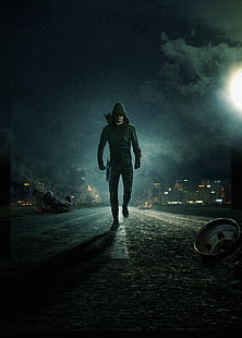 Человек, одетый в зеленую толстовку в ночное время, Зеленая стрела, Оливер Куин, DC Comics, HD, 5K, HD обои HD wallpaper
