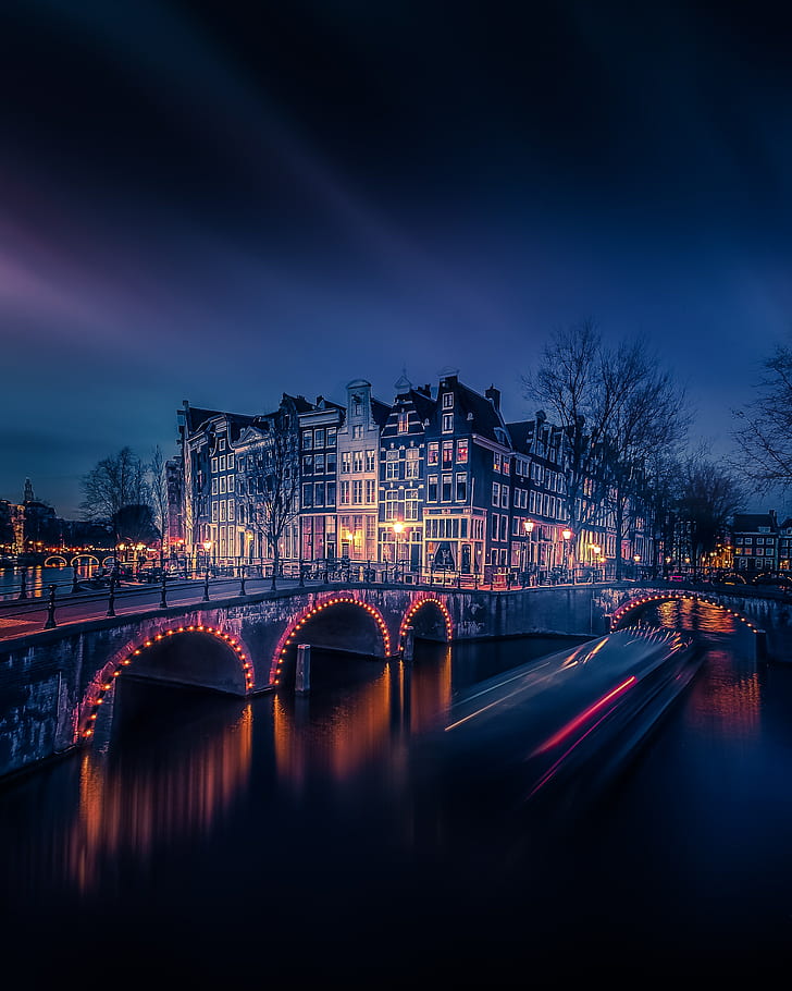 Сгради, Градска нощ, Светлини, Амстердам, Отражения, Градски пейзаж, Канал, HD тапет, тапет за телефон