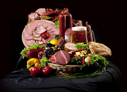 slice of ham and vegetables, meat, sausage, vegetables, still life, HD wallpaper HD wallpaper