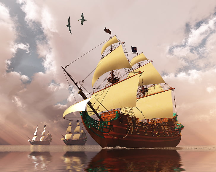 tiga kapal coklat dan putih galleon wallpaper digital, laut, langit, awan, foto, kapal, perahu layar, grafik 3D, Wallpaper HD