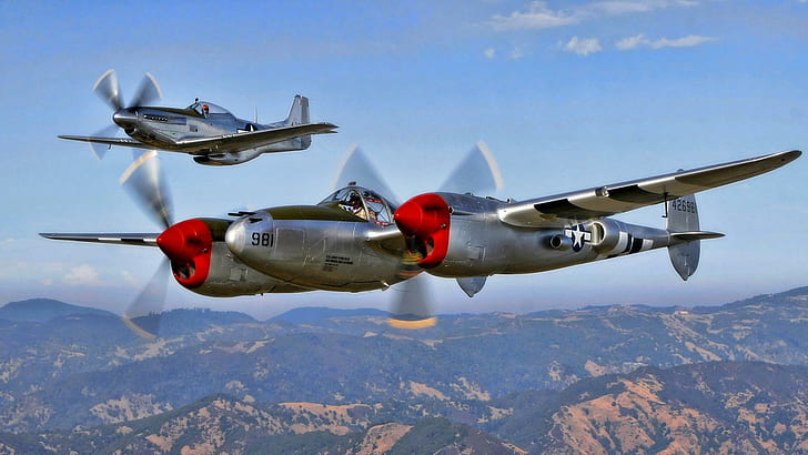 Прохладная пара P 38 P 51, Lockheed, мустанг, американский, второй мировой войны, классика, P-51, молния, мир, P-38, север, airp, HD обои