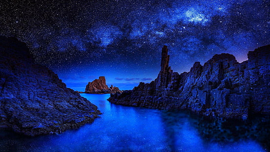 звездное, звезды, море, вода, звезда, отражение, пейзаж, скала, тьма, небо, звездное небо, млечный путь, скалистый, ночь, звездная ночь, ночное небо, природа, HD обои HD wallpaper
