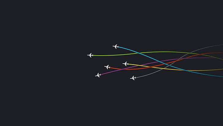 طائرات بيضاء تترك خطوطًا ملونة وخلفيات رقمية وطائرة وطائرة وبساطتها، خلفية HD