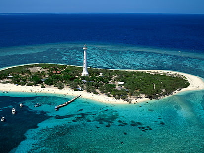 маяк, атоллы, пляж, остров, море, курорт, вид сверху, HD обои HD wallpaper