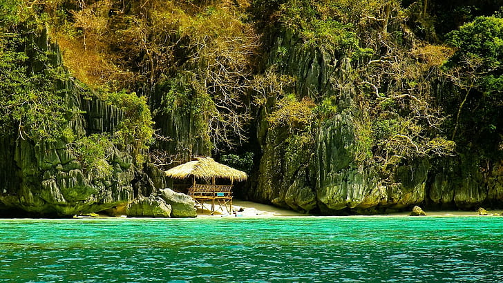Baia nascosta a Palawan nelle Filippine, spiaggia, baia, giungla, mare verde, natura e paesaggi, Sfondo HD