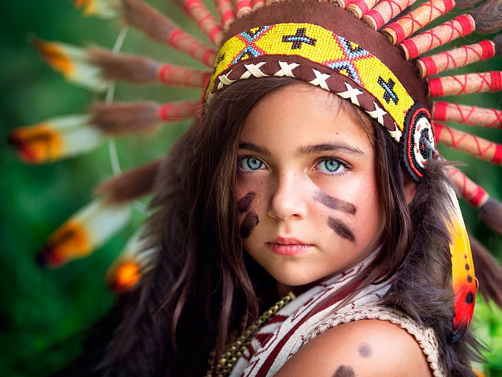 native American girl costume, face paint, children, headdress, HD wallpaper