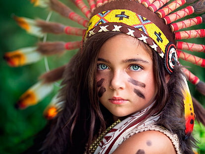 native American girl costume, face paint, children, headdress, HD wallpaper HD wallpaper