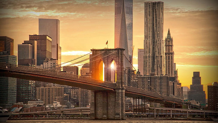 himmel, lägre Manhattan, nyc, usa, new york city, kväll, solnedgång, tornblock, centrum, stadsbild, byggnad, storstadsområde, bro, metropol, brooklyn bridge, skyline, stad, skyskrapa, HD tapet