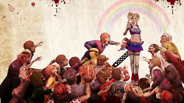 Harley Quinn digitale Tapete, Mädchen, Blut, Kopf, Zombies, elektrisch, Lutscher-Kettensäge, HD-Hintergrundbild