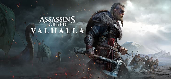 Assassin's Creed: Валхала, викинг, видео игри, изкуство за видеоигри, дигитално изкуство, брадва, лодка, ултраширок, ултра широк, HD тапет