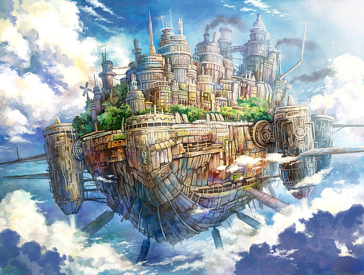 castle, cities, clouds, fantasy, fly, island, kemi, neko, original, sky, HD wallpaper