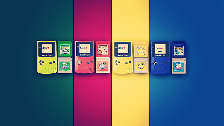 Nintendo Game Boy Advance много цветов, консоли Nintendo Game Boy Color разных цветов, GameBoy, красочные, Pokemon First Generation, Покемон, Charizard, Blastoise, Pikachu, Venusaur, видеоигры, GameBoy Color, приставки, цифровое искусство, произведения искусства, Nintendo, ретро игры, HD обои