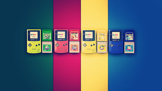 Nintendo Game Boy Advance много цветов, консоли Nintendo Game Boy Color разных цветов, GameBoy, красочные, Pokemon First Generation, Покемон, Charizard, Blastoise, Pikachu, Venusaur, видеоигры, GameBoy Color, приставки, цифровое искусство, произведения искусства, Nintendo, ретро игры, HD обои HD wallpaper