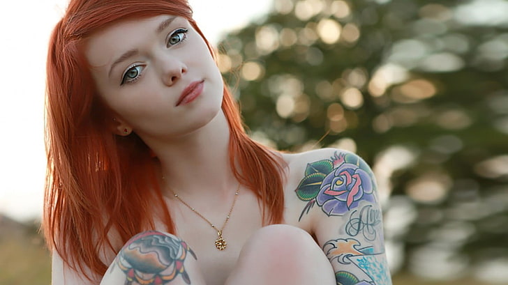 gold-colored chain link necklace, Lass Suicide, redhead, women, tattoo, necklace, model, pornstar, HD wallpaper
