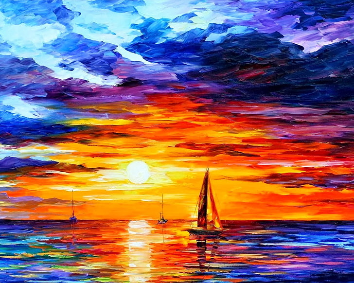 рисуване на разноцветна платноходка върху водно тяло по време на залез, Леонид Афремов, живопис, цветно, лодка, море, залез, произведения на изкуството, небе, слънчева светлина, HD тапет