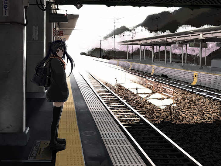 Anime, Anime Girls, Schulmädchen, Warten, Bahnhof, originelle Charaktere, HD-Hintergrundbild