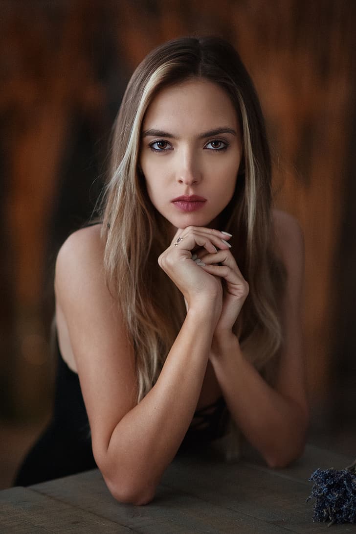 Maxim Maximov, women, Victoria Lukina, brunette, long hair, looking at viewer, rings, makeup, lipstick, brown eyes, white nails, portrait, table, HD wallpaper