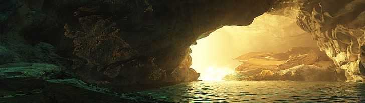 brown ocean cave, fantasy art, dragon, water, HD wallpaper