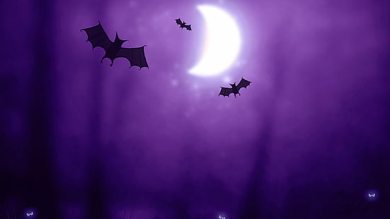иллюстрации летучих мышей, Хэллоуин, ночь, летучие мыши, луна, фэнтези-арт, HD обои HD wallpaper