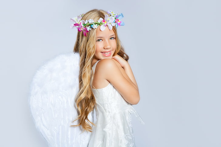 girl's white sleeveless top, girl, child, angel, costume, wings, wreath, flowers, smile, HD wallpaper