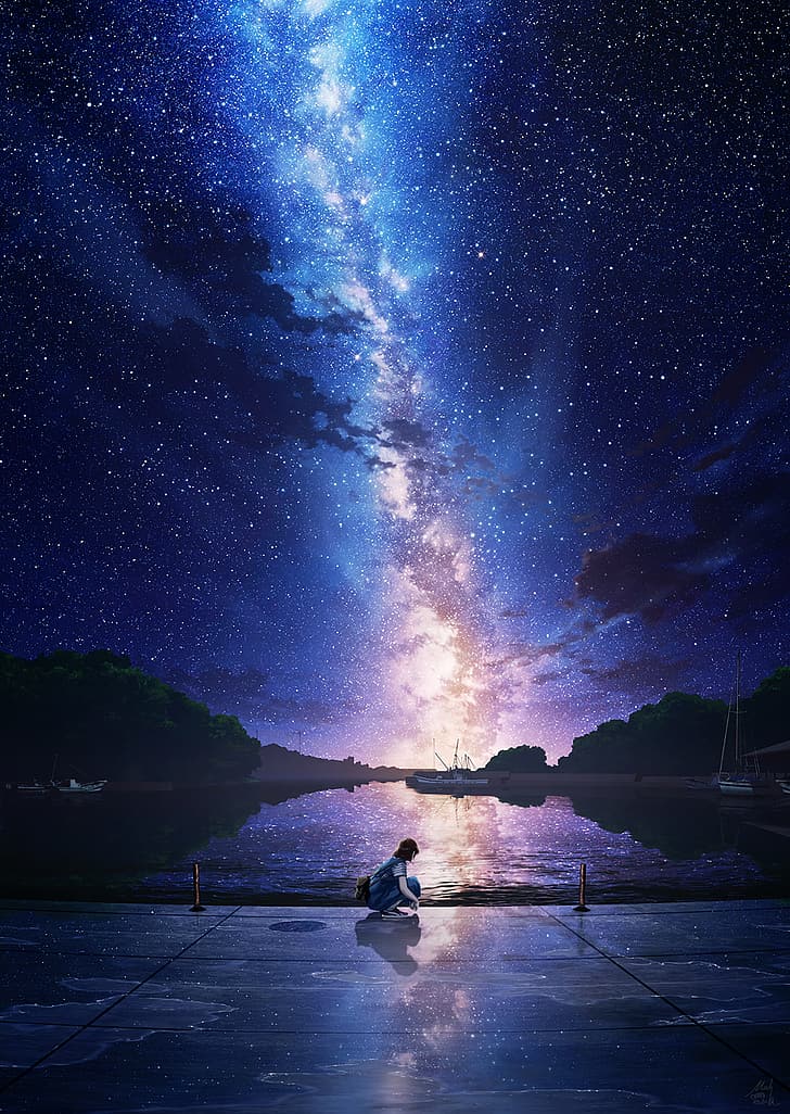 Chicas anime, paisaje, noche, cielo nocturno, lago, Fondo de pantalla HD |  Wallpaperbetter