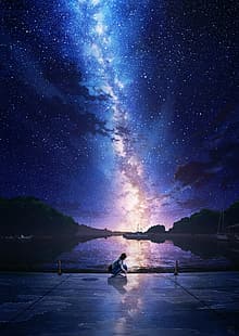  anime girls, landscape, night, night sky, lake, HD wallpaper HD wallpaper