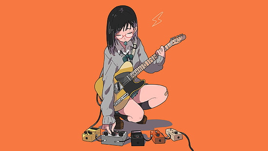 애니메이션, 소녀, 안경, 기타리스트, 여학생, HD 배경 화면 HD wallpaper