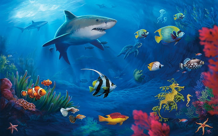 Underwater World Live, coral, sharks, turtles, moray eel, HD wallpaper