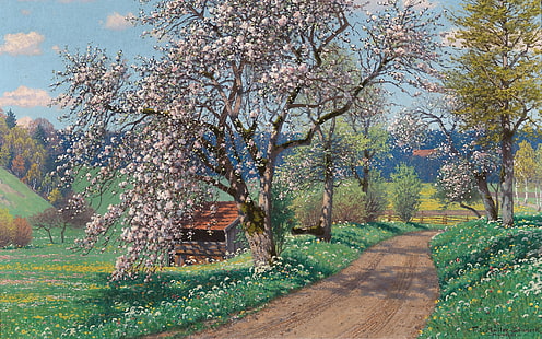 Primavera, pittore tedesco, olio su tela, Fritz Müller-Landeck, A Spring Day, maggio mattina nel Chiemgau, mattina nel Chiemgau, mattina nel Chiemgau, Sfondo HD HD wallpaper