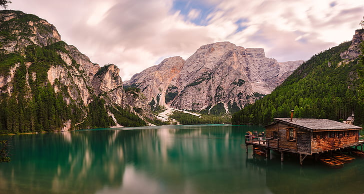 mountains, lake, boats, Alps, Italy, The Dolomites, Dolomites, boat station, HD wallpaper