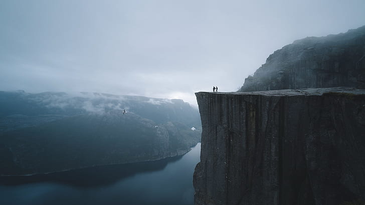 landscape, mountains, snow, mist, cliff, people, Preikestolen, Norway, rock, HD wallpaper