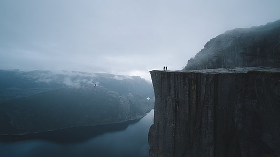 landscape, mountains, snow, mist, cliff, people, Preikestolen, Norway, rock, HD wallpaper HD wallpaper