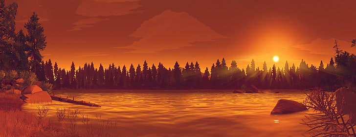 lake and trees during golden hour digital wallpaper, Video Game, Firewatch, HD wallpaper