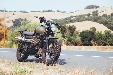vehículo, carretera, motocicleta, Triumph Scrambler, paisaje, Fondo de pantalla HD HD wallpaper