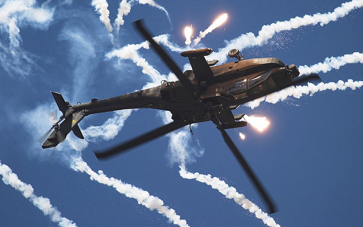 black helicopter wallpaper, smoke, helicopter, flares, HD wallpaper