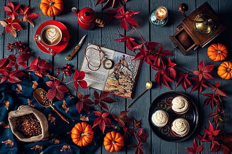 foglie, rami, stile, caffè, libro, natura morta, chicchi di caffè, torte, macinacaffè, Sfondo HD HD wallpaper