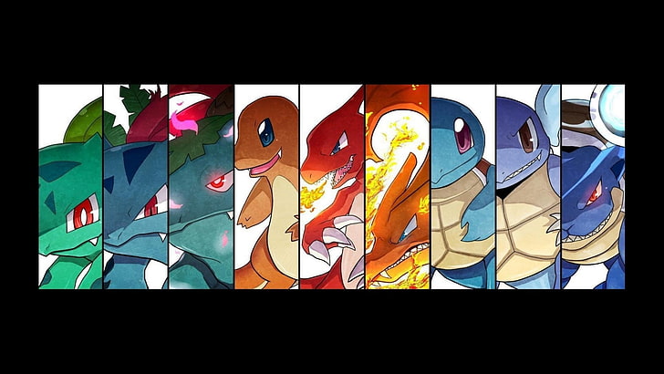 Pokemon illustration collage, Pokémon, evolution, Bulbasaur, Charmander, Squirtle, panels, black, black background, HD wallpaper
