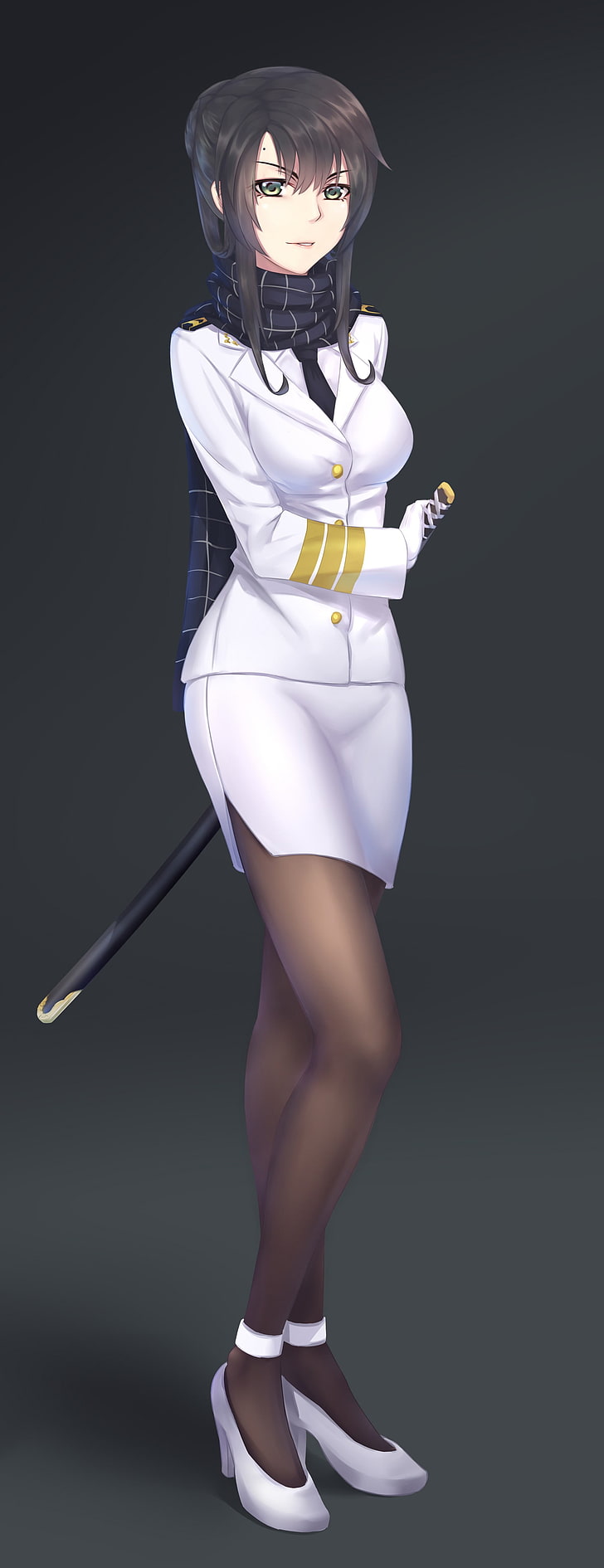 черноволосая женщина аниме персонаж в белой рубашке, аниме, аниме девушки, короткие волосы, черные волосы, зеленые глаза, униформа, меч, оружие, чулки, HD обои, телефон обои