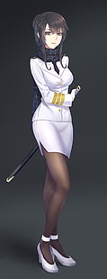 черноволосая женщина аниме персонаж в белой рубашке, аниме, аниме девушки, короткие волосы, черные волосы, зеленые глаза, униформа, меч, оружие, чулки, HD обои HD wallpaper