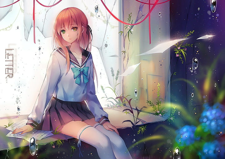 original characters, anime girls, bubbles, flowers, ribbon, school uniform, thigh-highs, water, heterochromia, HD wallpaper