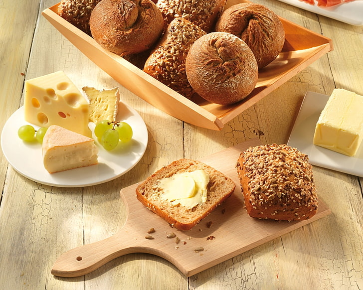 bread with swiss cheese, oil, food, cheese, bread, grapes, Board, seeds, sesame, buns, HD wallpaper