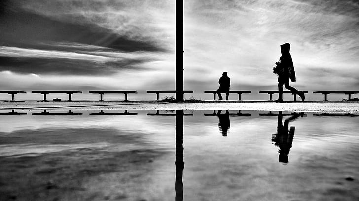 silhouette of person walking on the sidewalk, silhouette, person, walking on, sidewalk, silhouettes, monochrome, bw, blackandwhite, people, outdoors, black And White, sea, pier, beach, water, sunset, HD wallpaper