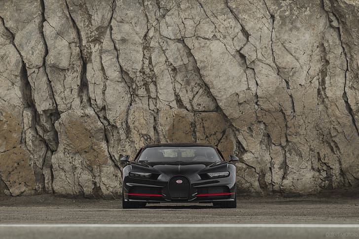 Buggati, Bugatti Chiron, black cars, Hypercar, rocks wall, HD wallpaper