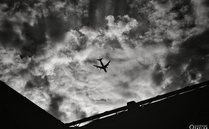 Crete, Plane, Black and White, black, sky, plane, HD wallpaper