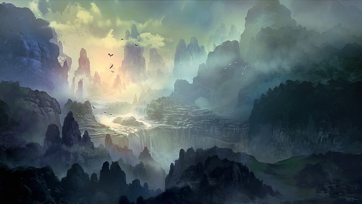 peinture de paysage de montagne, brume, montagnes, arbres, rivière, DeviantArt, Fond d'écran HD