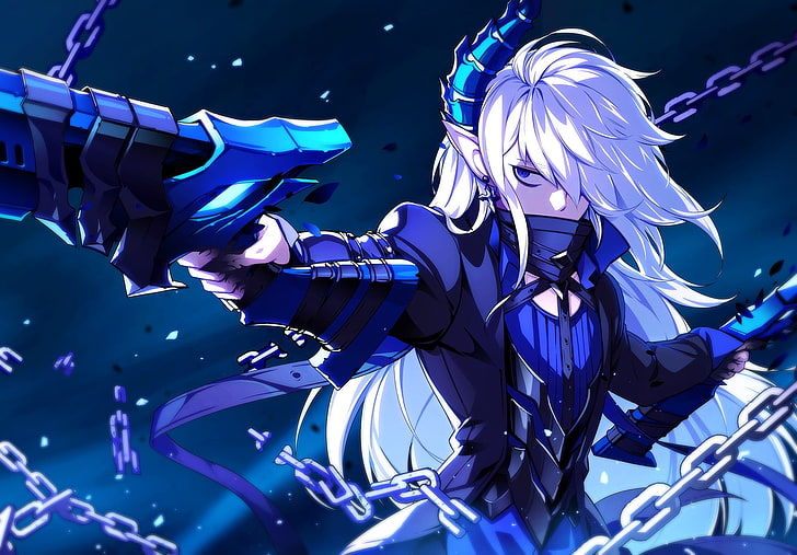 кобель белые длинные волосы держит меч аниме персонажа, аниме, аниме девушки, Elsword, белые волосы, длинные волосы, голубые глаза, пистолет, HD обои