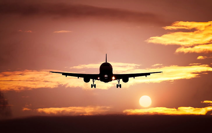 silhouette of airplane, the sun, landscape, sunset, the plane, silhouette, HD wallpaper