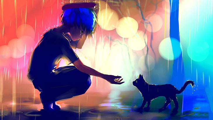anak laki-laki di tengah hujan akan memegang kucing digital wallpaper, anime boy lukisan berambut biru, karya seni, hujan, kucing, Apofiss, rambut biru, bokeh, anime, gadis anime, lampu, hewan, Wallpaper HD