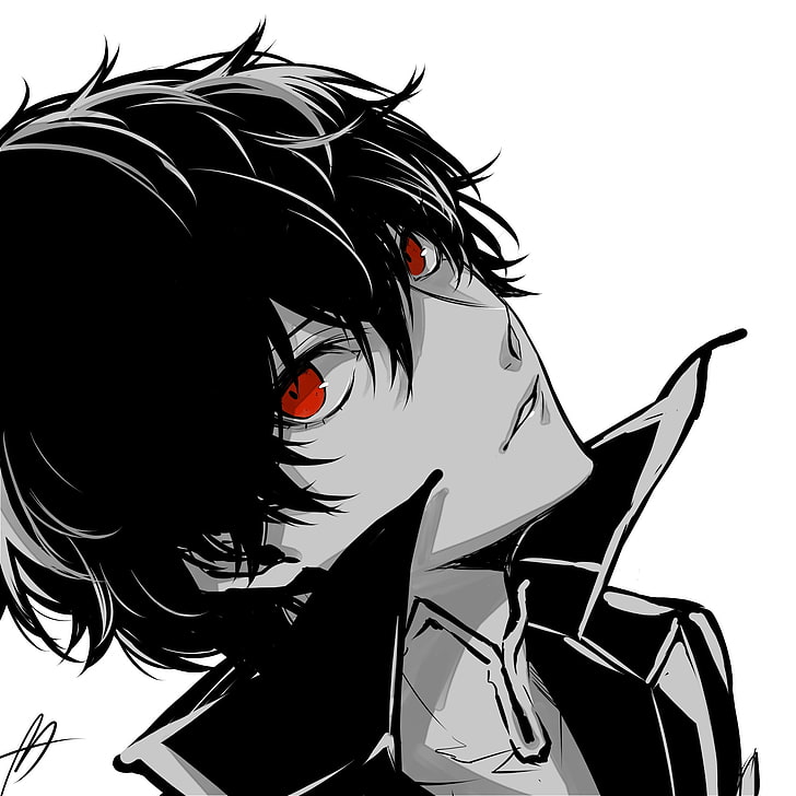 kurusu akira, persona 5, black and white, red eyes, shin megami tensei, Anime, HD wallpaper