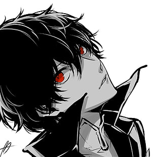 kurusu akira, persona 5, bianco e nero, occhi rossi, shin megami tensei, anime, Sfondo HD HD wallpaper